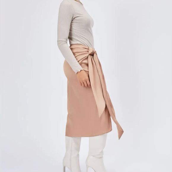 Satin Tie Front Slit Midi Skirt - Khaki - Picture 6 of 8